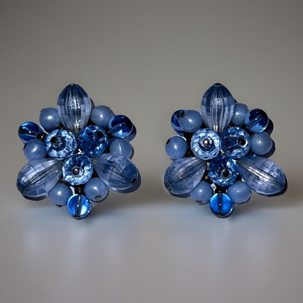 Vtg West Germany Clip On Earrings - Light Ice Blue Costume Cluster Faceted Beads